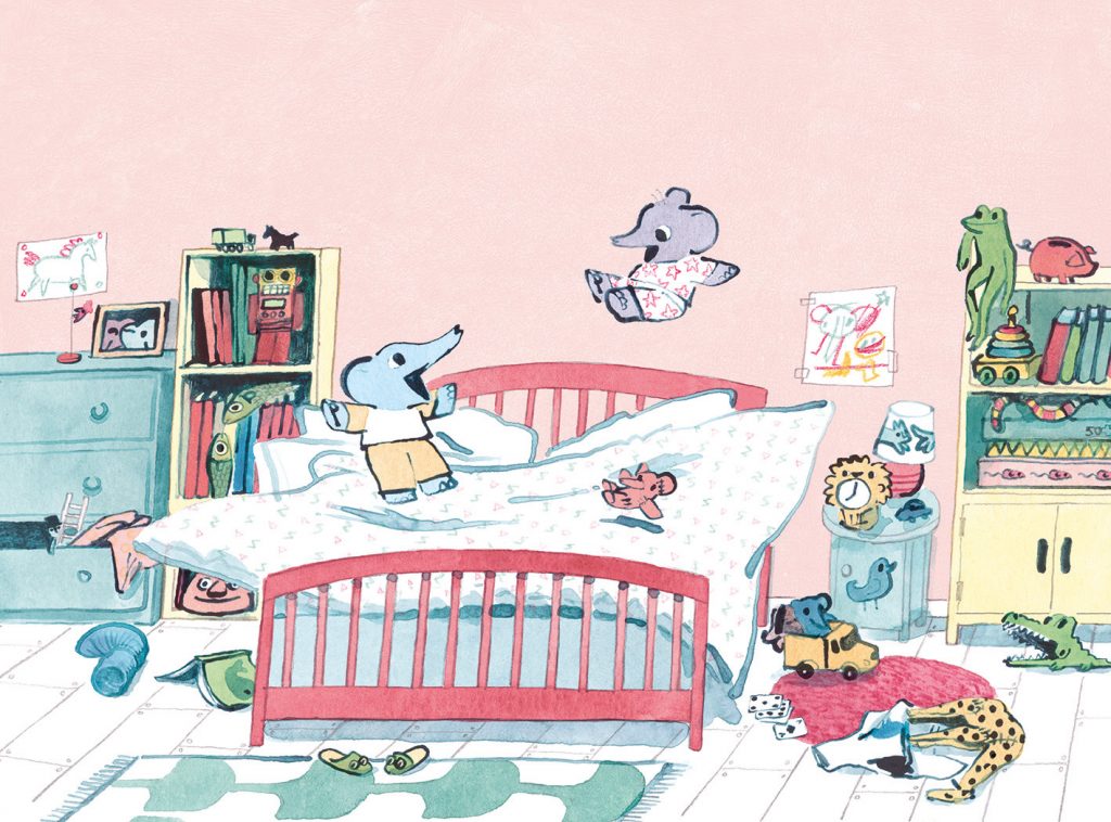 A spread from the book: jumping on the bed.